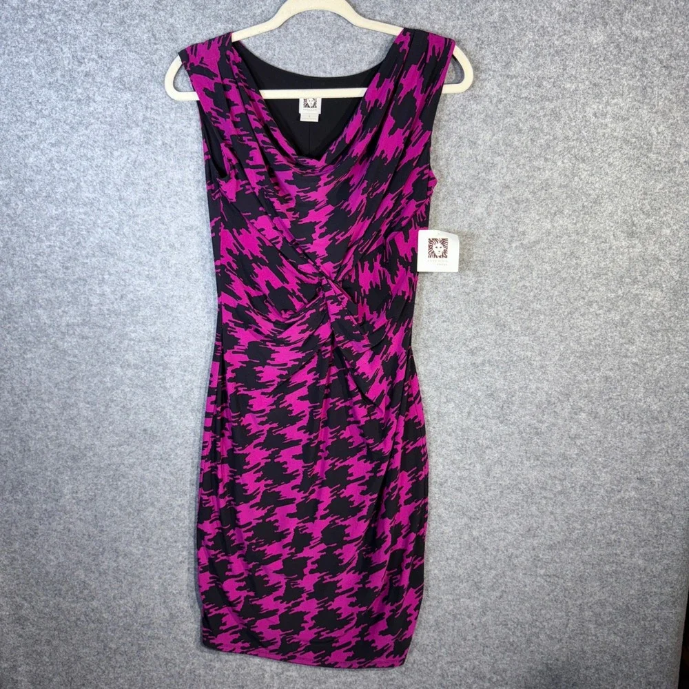 Anne Klein Women Black‎ Pink Houndstooth Drape Twist Sheath Dress Size 4